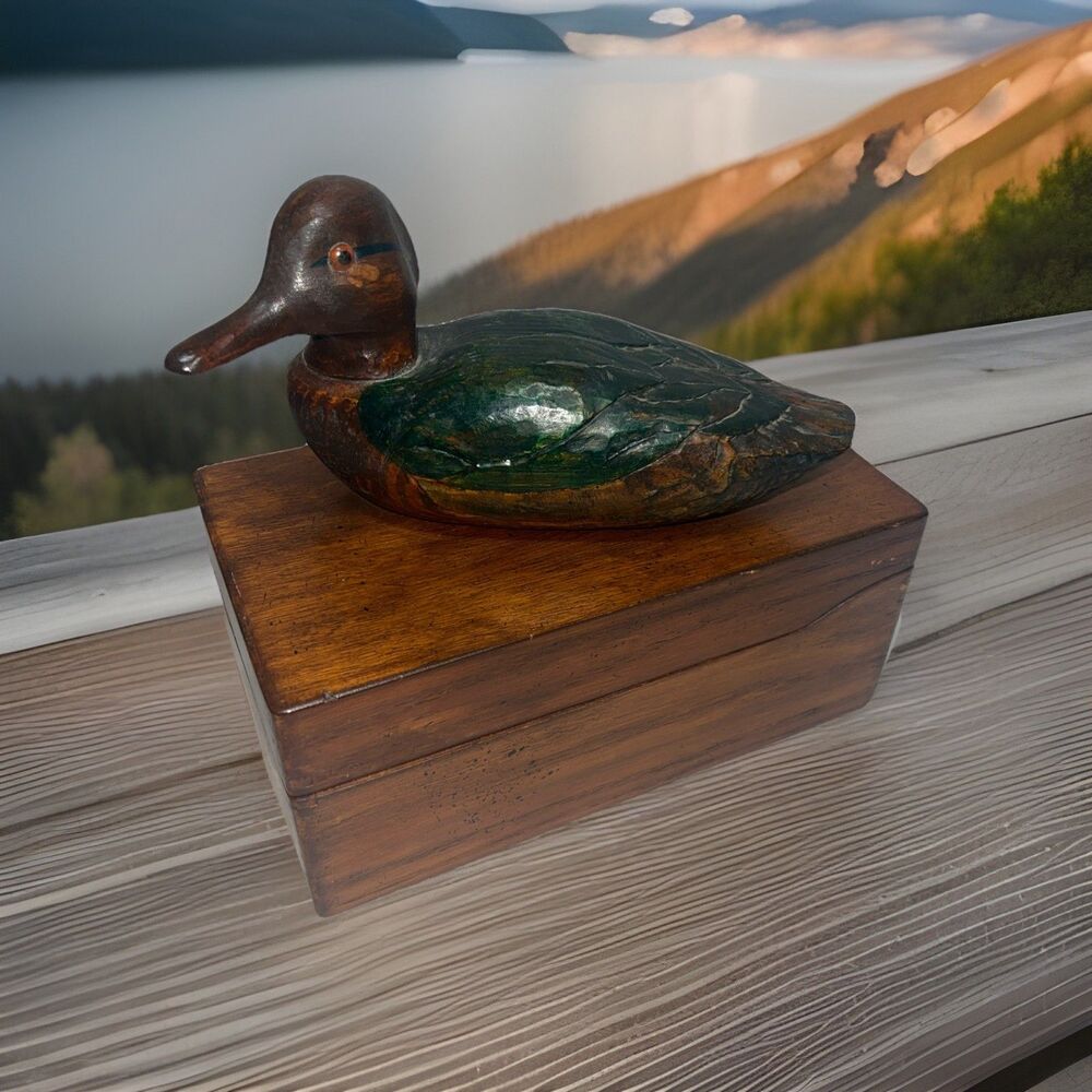 Handcrafted Wooden Duck Figurine on Box